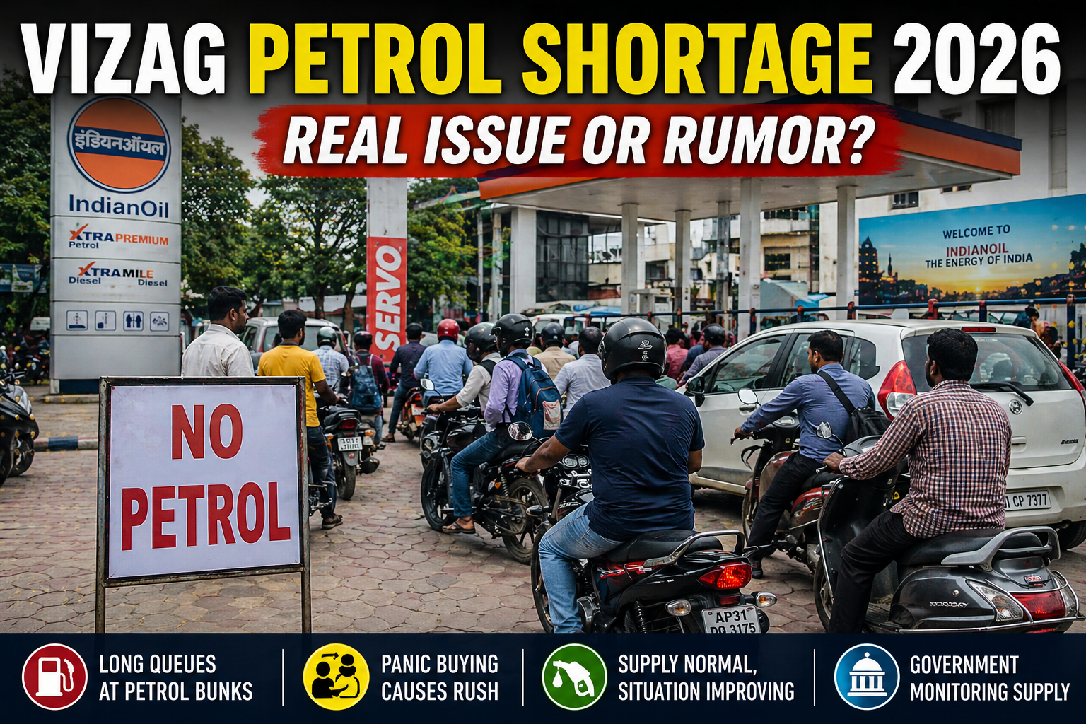Vizag petrol shortage long queues at petrol bunk 2026