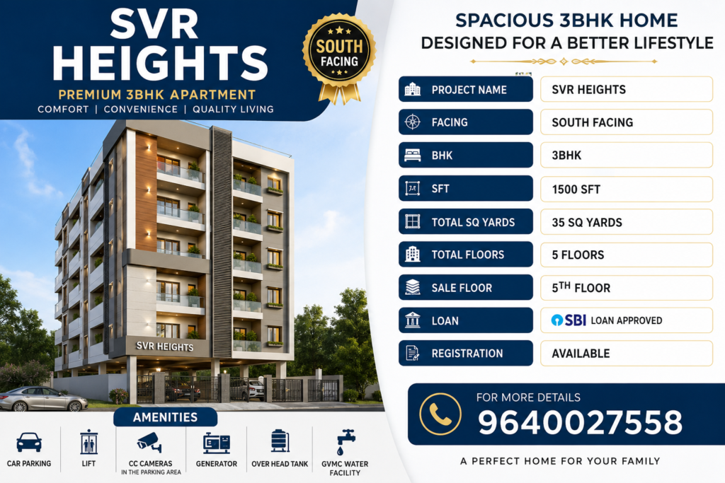 SVR Heights 3BHK south facing apartment in Visakhapatnam