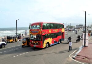 Vizag HOHO electric tourism bus service near RK Beach