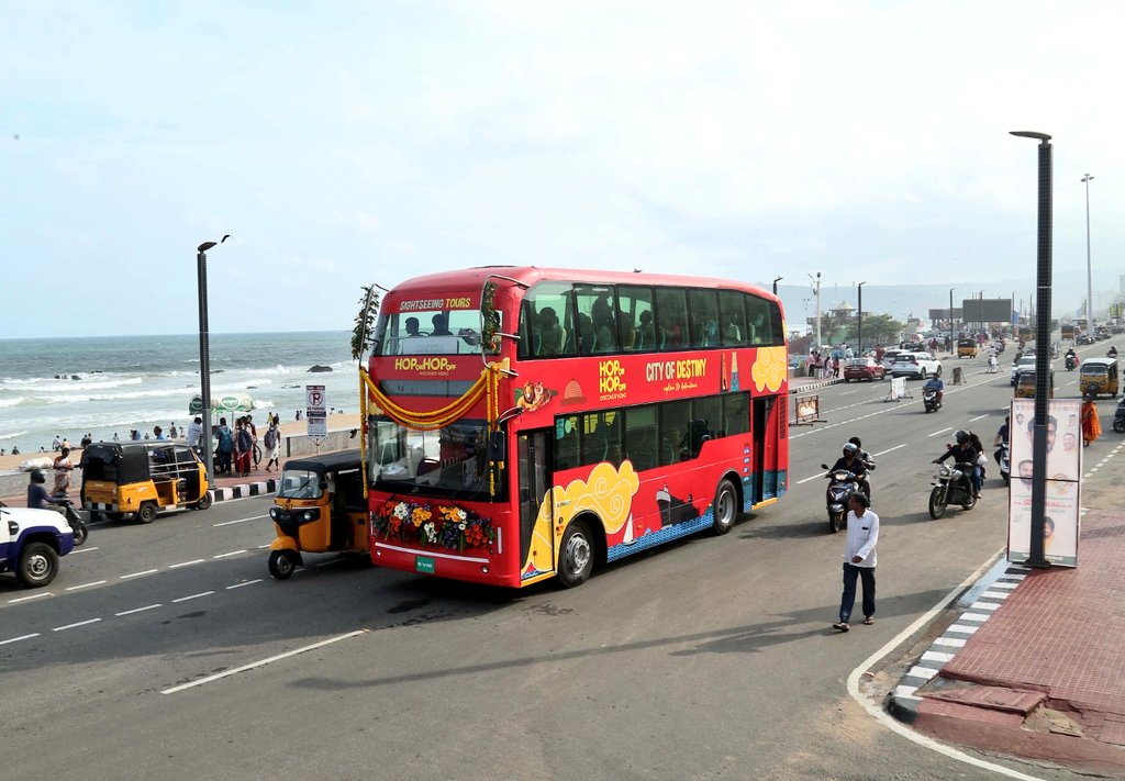 Vizag HOHO electric tourism bus service near RK Beach