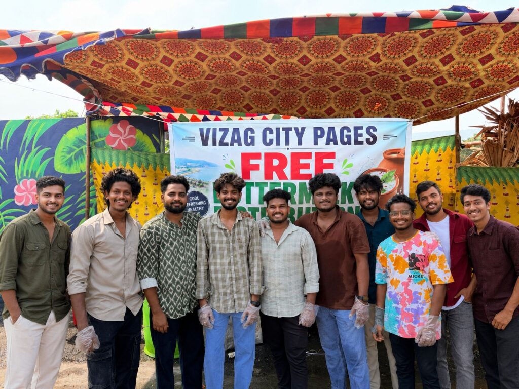 Vizag city pages team members at free buttermilk distribution camp in Maddilapalem Visakhapatnam