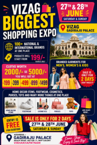 Vizag Biggest Shopping Expo promotional poster featuring 100+ national and international brands, products starting from ₹199, free entry, and event details at Gadiraju Palace, Visakhapatnam on June 27 and 28, 2026.