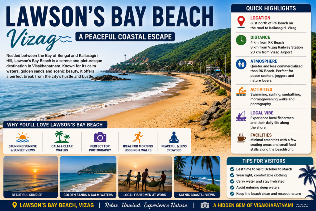 Scenic view of Lawson's Bay Beach in Visakhapatnam with golden sands and calm waters