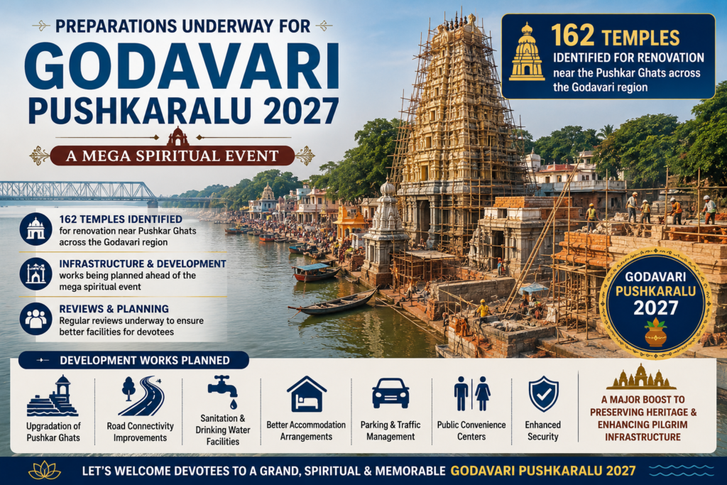 Preparations underway for Godavari Pushkaralu 2027 with temple renovation projects in Andhra Pradesh.