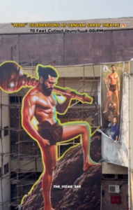 70-foot Ram Charan PEDDI cutout unveiled at Sangam Sarat Theatre in Vizag
