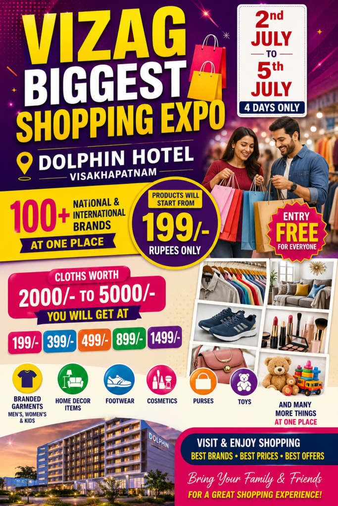 Visitors shopping at the Vizag Shopping Expo held at Dolphin Hotel with branded fashion and lifestyle stalls.