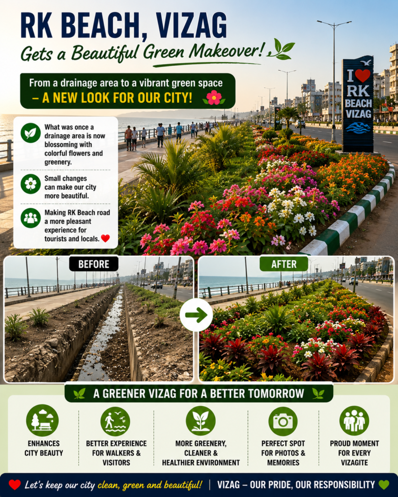 Colorful flower plants and greenery developed near RK Beach Road in Visakhapatnam.
