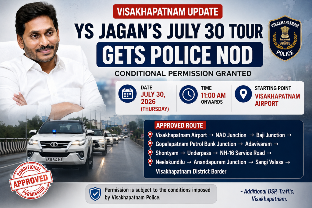 YS Jagan receives conditional police permission for July 30 Srikakulam tour from Visakhapatnam