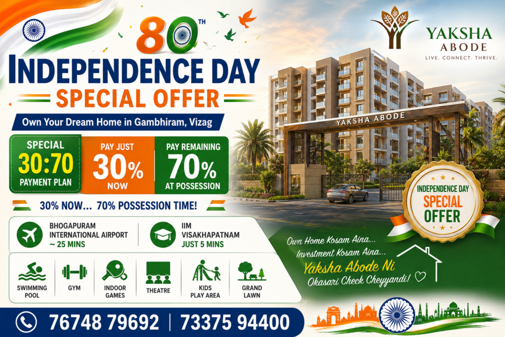 Yaksha Abode gated community flats at Gambhiram with 30:70 Independence Day payment plan.