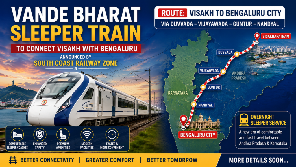 Vande Bharat Sleeper Train from Visakhapatnam to Bengaluru via Duvvada, Vijayawada, Guntur and Nandyal announced by South Coast Railway Zone