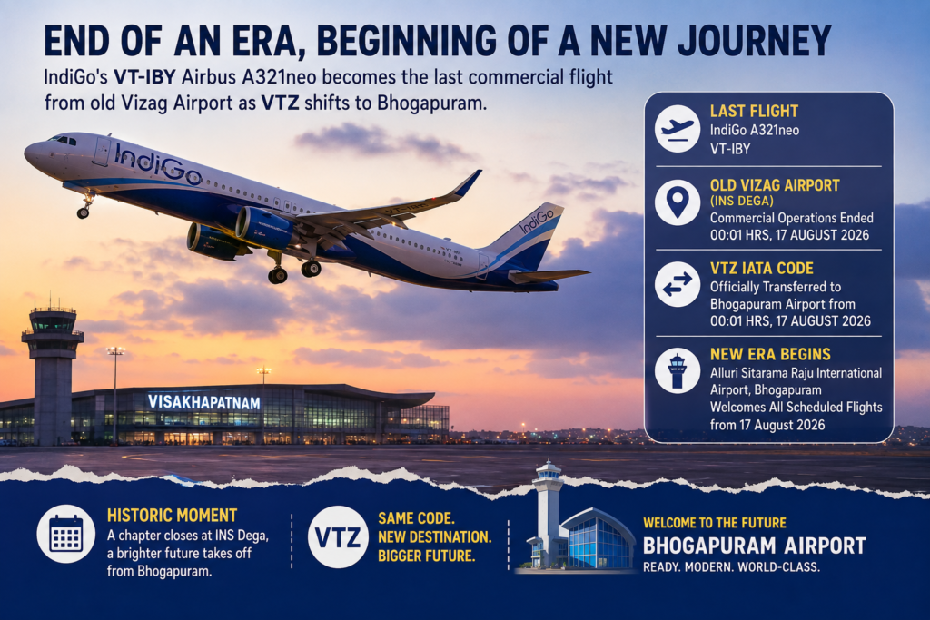 IndiGo Airbus A321neo VT-IBY taking off from old Visakhapatnam Airport before commercial operations move to Bhogapuram Airport.