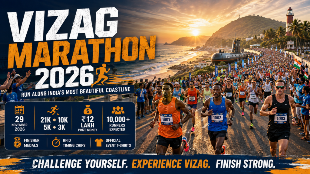 Thousands of runners participating in Vizag Marathon 2026 along the Visakhapatnam Beach Road.