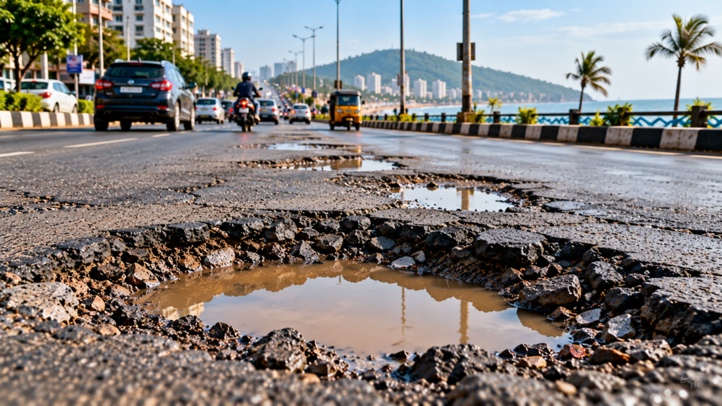 Pothole damage on an urban road in Visakhapatnam