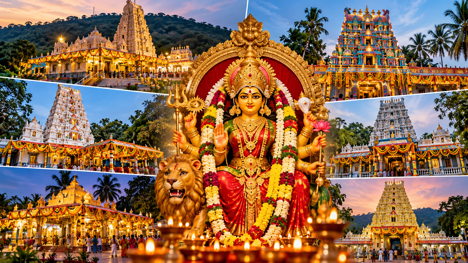 Ammavari goddess and decorated South Indian temples during Dasara Navaratri in Vizag.