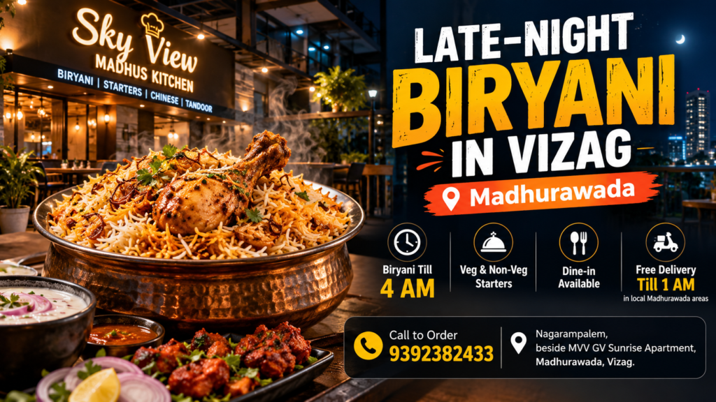 Illustrative image of chicken biryani representing late-night food options in Madhurawada, Vizag