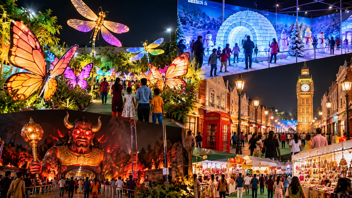 Illustrative view of a colourful family exhibition with themed displays and photo spots for Dasara in Vizag.
