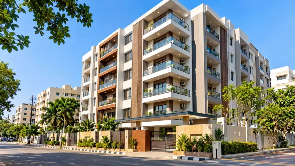 Illustrative image of a modern residential apartment building for a flats-for-sale listing in Birla Junction, Vizag.