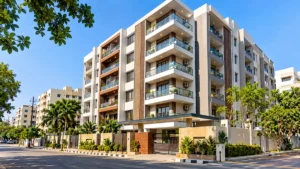 Illustrative image of a modern residential apartment building for a flats-for-sale listing in Birla Junction, Vizag.
