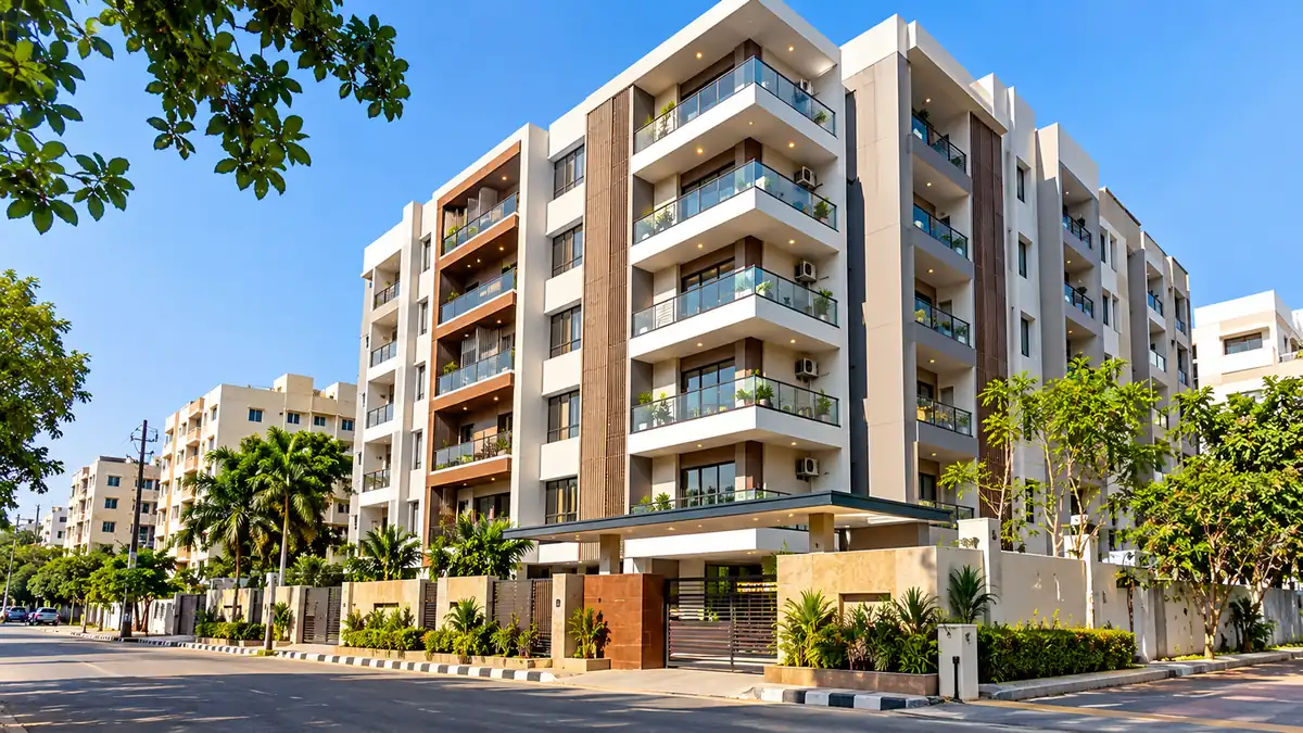 Illustrative image of a modern residential apartment building for a flats-for-sale listing in Birla Junction, Vizag.