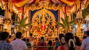 Decorated Durga Devi mandapam with devotees during the Dasara festival.